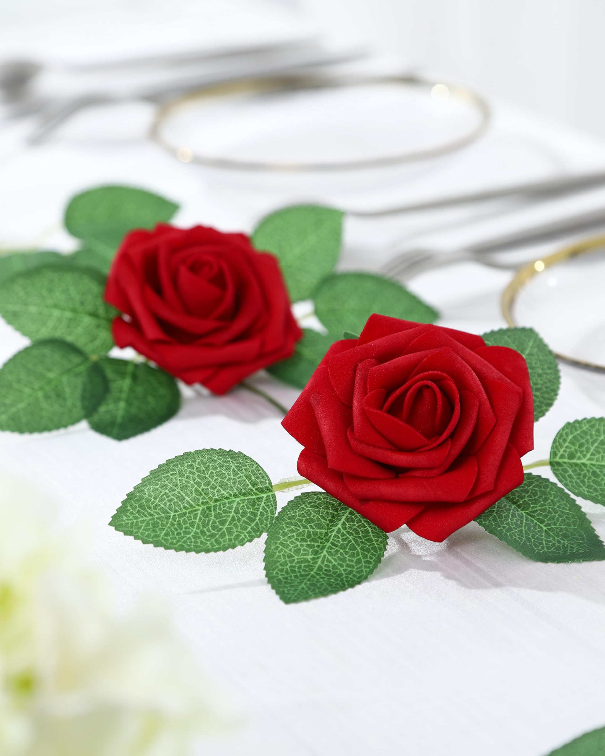 DuHouse 50Pcs Artificial Roses Flowers Fake Roses with Stems Real Touch Foam Flowers for DIY Wedding Bouquet Party Centerpiece Floral Arrangement Party Home Decor(Dark Red)