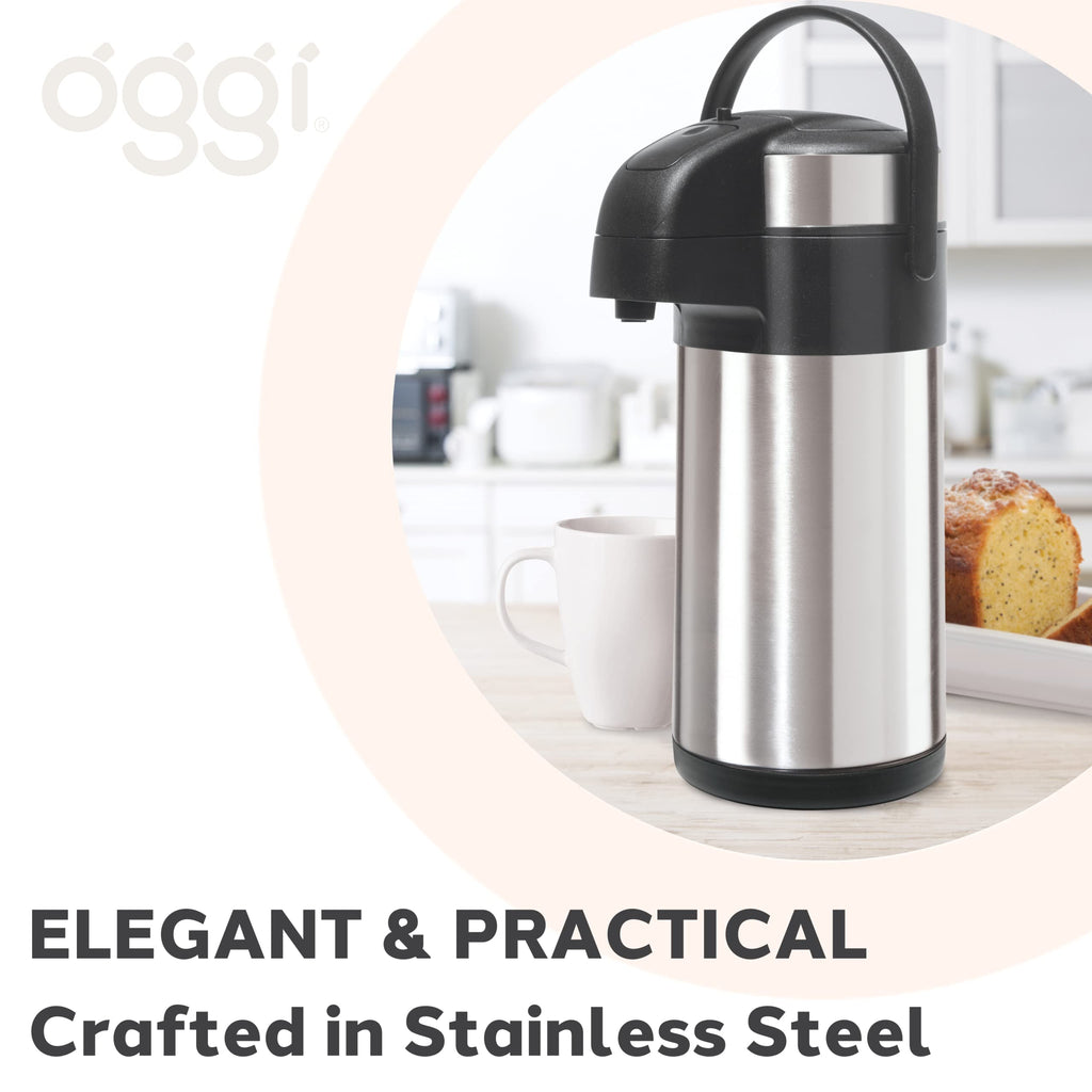 OGGI Airking 102oz Stainless Steel Thermal Coffee Carafe- Vacuum Container w/Lever Action Pump, Insulated Coffee Carafe, Thermos Carafe, Hot Beverage Dispenser, Catering Supplies, 3 Liters