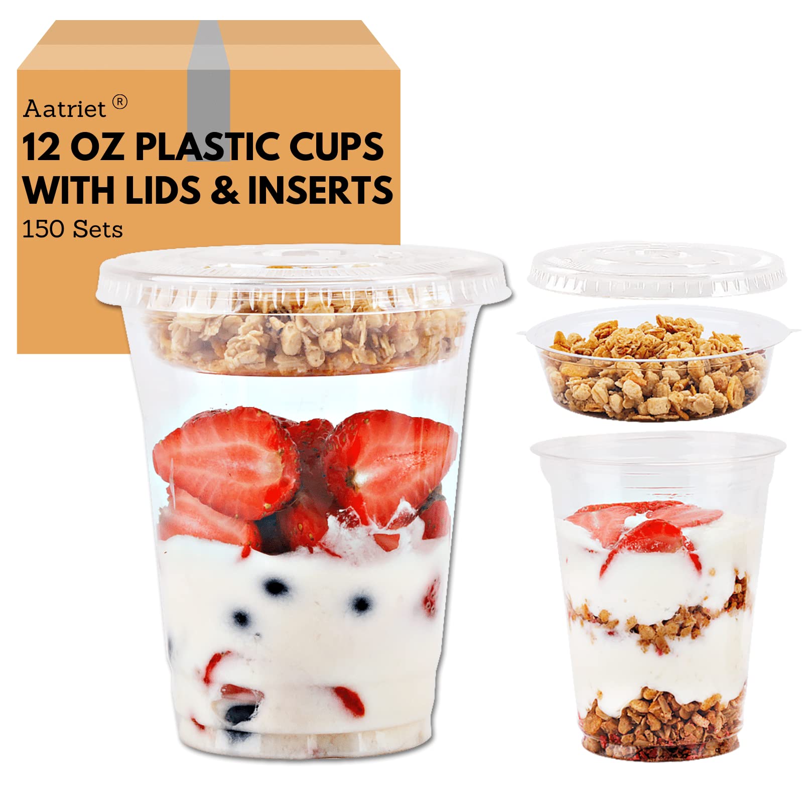 Aatriet [150 SETS 12 oz Clear Plastic Parfait Cups with Insert 3.25oz & Flat Lids No Hole, Yogurt Fruit Parfait Cups for Kids, for Dips and Veggies, Take Away Breakfast and Snacks. No Leaking