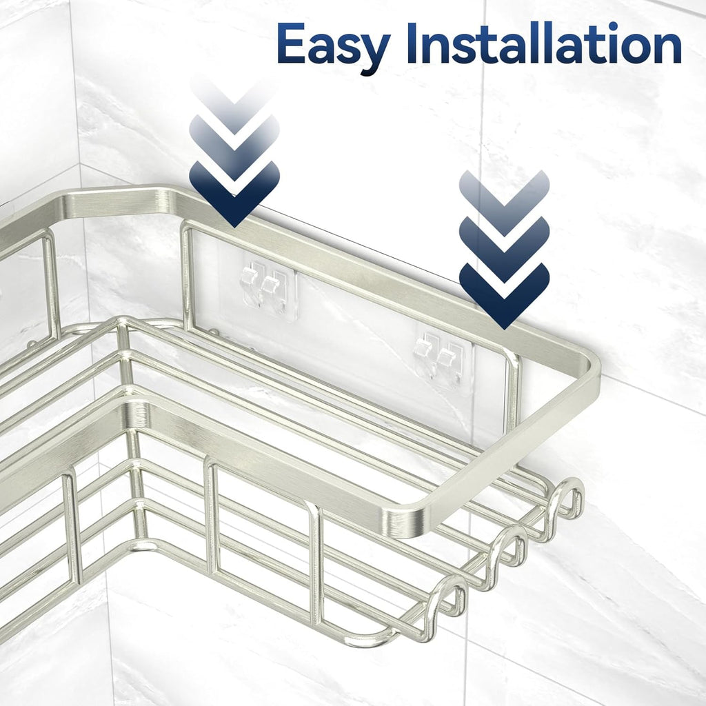 YASONIC Corner Shower Caddy - 3-Pack Adhesive Organizer with Soap Holder & 12 Hooks | Rustproof Stainless Steel, Nickel