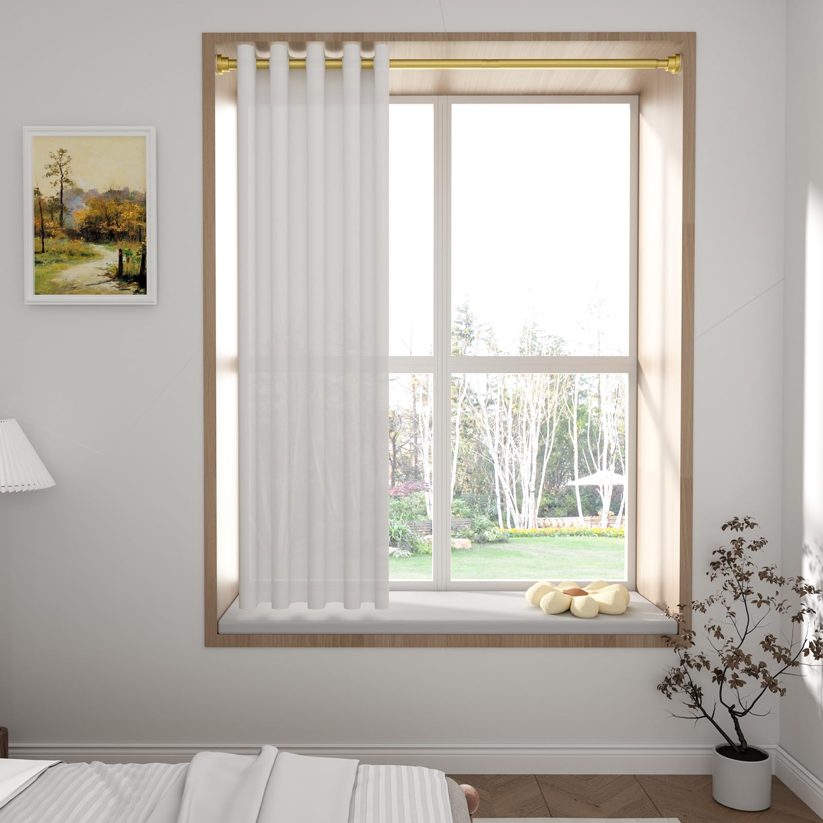 1 Pack Gold Spring Tension Curtain Rod 28-48 Inches, 7/8" inch Adjustable Curtain Rod No Drill, Anti-slip Spring Curtain Rod for Windows Bathroom Kitchen Closet Doorway