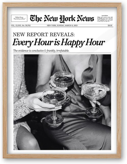 iHery Trendy Newspaper Wall Art - Natural Oak Wood Framed Canvas Decor | 8x10in Retro Prints for Bedroom & Living Room