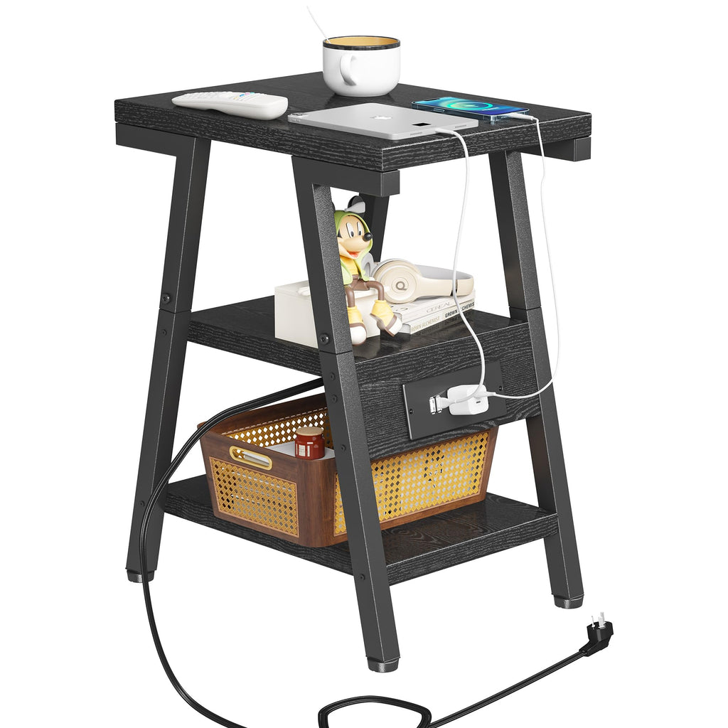 SIde Table with Charging Station, Small End Tables with Lucky 7 Metal Shape, 3-Tier Nightstand with Outlets and USB Ports, Adjustable Leveling Feet, Side Table for Living Room, Bedroom (Rustic Brown)