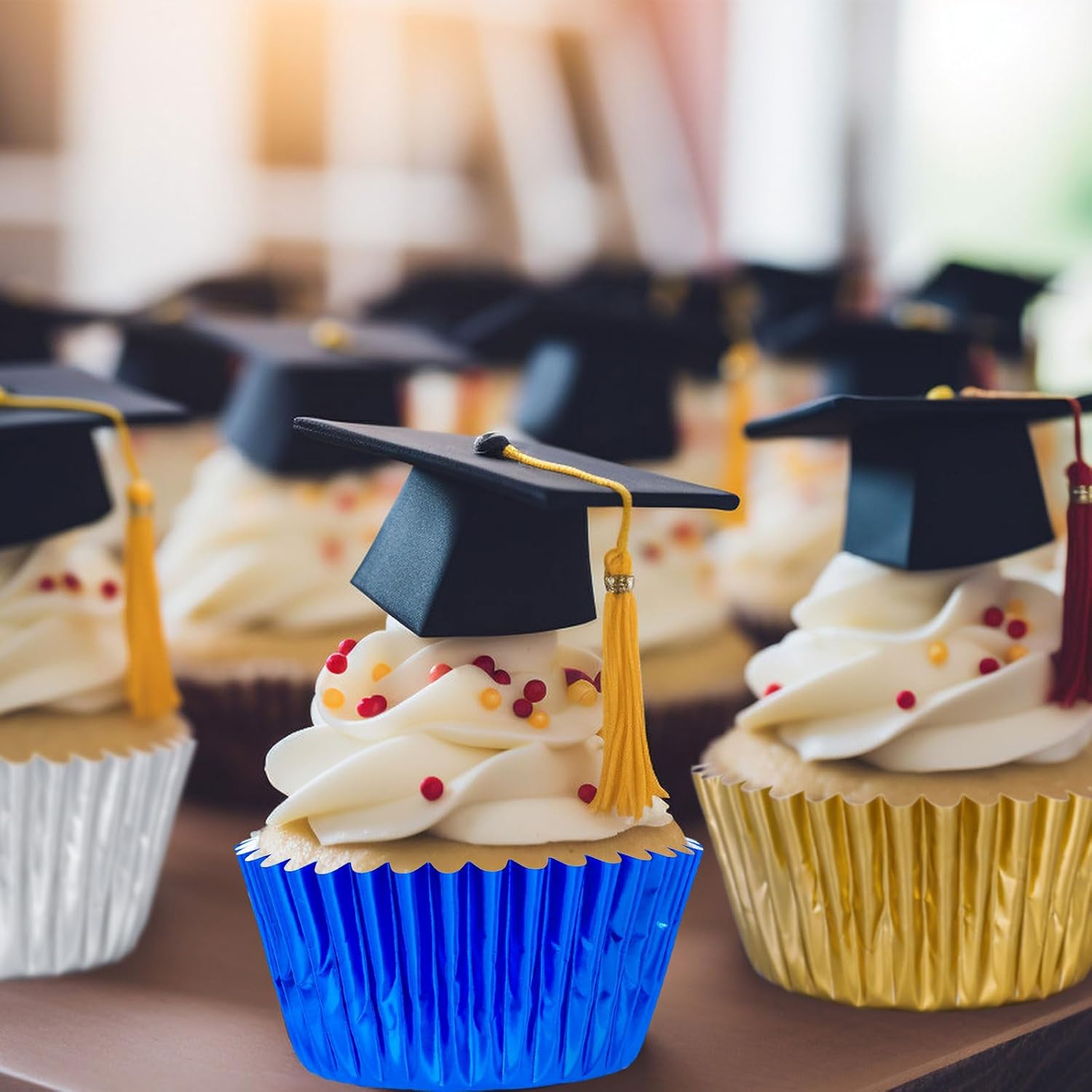 Whaline Graduation Cupcake Liners - 150Pcs Blue, Silver & Gold Foil Baking Cups for Party Celebrations