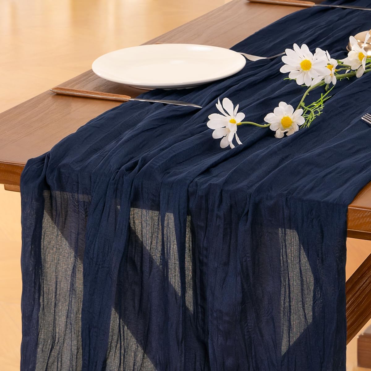 Socomi Cheesecloth Table Runner - 120 Inch Navy Blue Boho Rustic Design for Weddings & Events