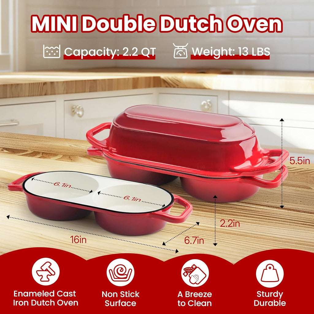 YONILL Mini Double Dutch Oven - Enameled Cast Iron Pot with Lid & 5" Banneton Proofing Basket (Red)