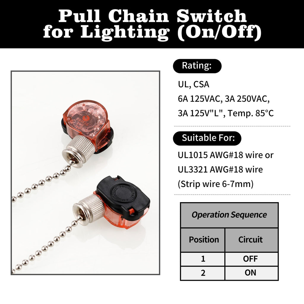 2 Pack Ceiling Fan Light Switch E87438, Pull Chain Switch for Hunter Ceiling Fans Lamp, Wall Lights, Cabinet Light and More, Two-Wire On-Off Lamp Switch, 11" Beaded Pull Chain, 3A 125VAC, 6A 250VAC