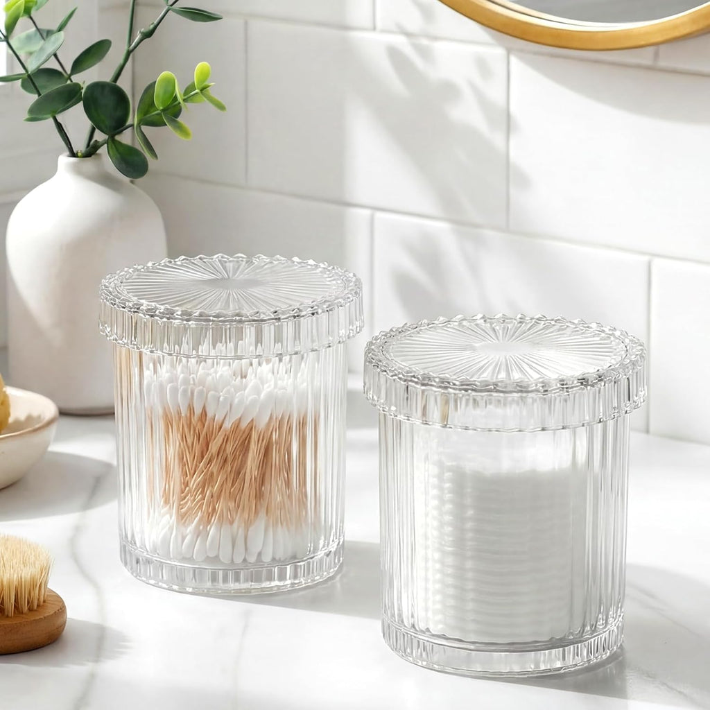 Rejomiik Glass Qtip Holder Dispenser - 2 Pack Apothecary Jars with Lids for Cotton Swabs & Makeup Storage