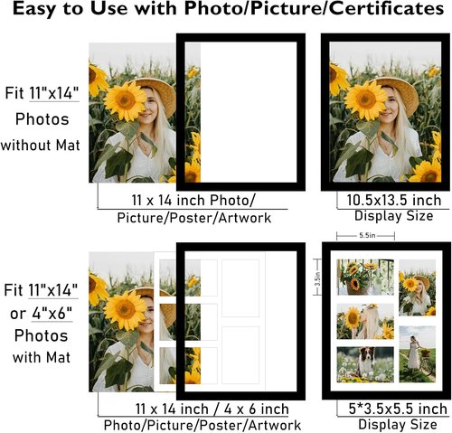 JCJMY 11x14 Picture Frame - Stylish 4-Opening Collage Frame for 4x6 Photos | Lightweight Black Design