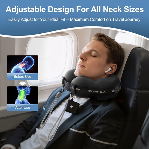 Travel Neck Pillow for Airplane Sleeping – 360° Head Support Prevents Bobbing, 100% Memory Foam Ergonomic Neck Cushion with No-Case-Needed Carry Strap for Long Flights & Car – Washable Cover (Black)