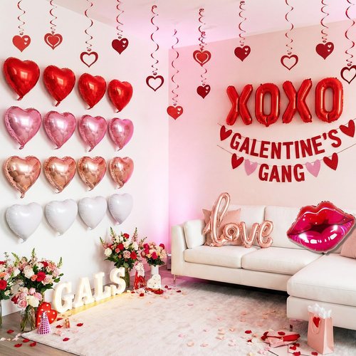 Galentine’s Day Decorations Pack – Heart Balloon Wall Kit with XOXO Balloons, Galentines Gang Banner & Hanging Hearts, Girls Night & Bachelorette Party Decor Set