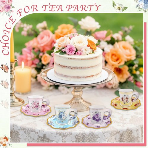 24 Sets Disposable Paper Tea Cups 7 OZ Floral Tea Party Cups with Handle and Plates Teacups and Saucer Sets for Baby Bridal Shower Wedding Birthday(Watercolor Style)