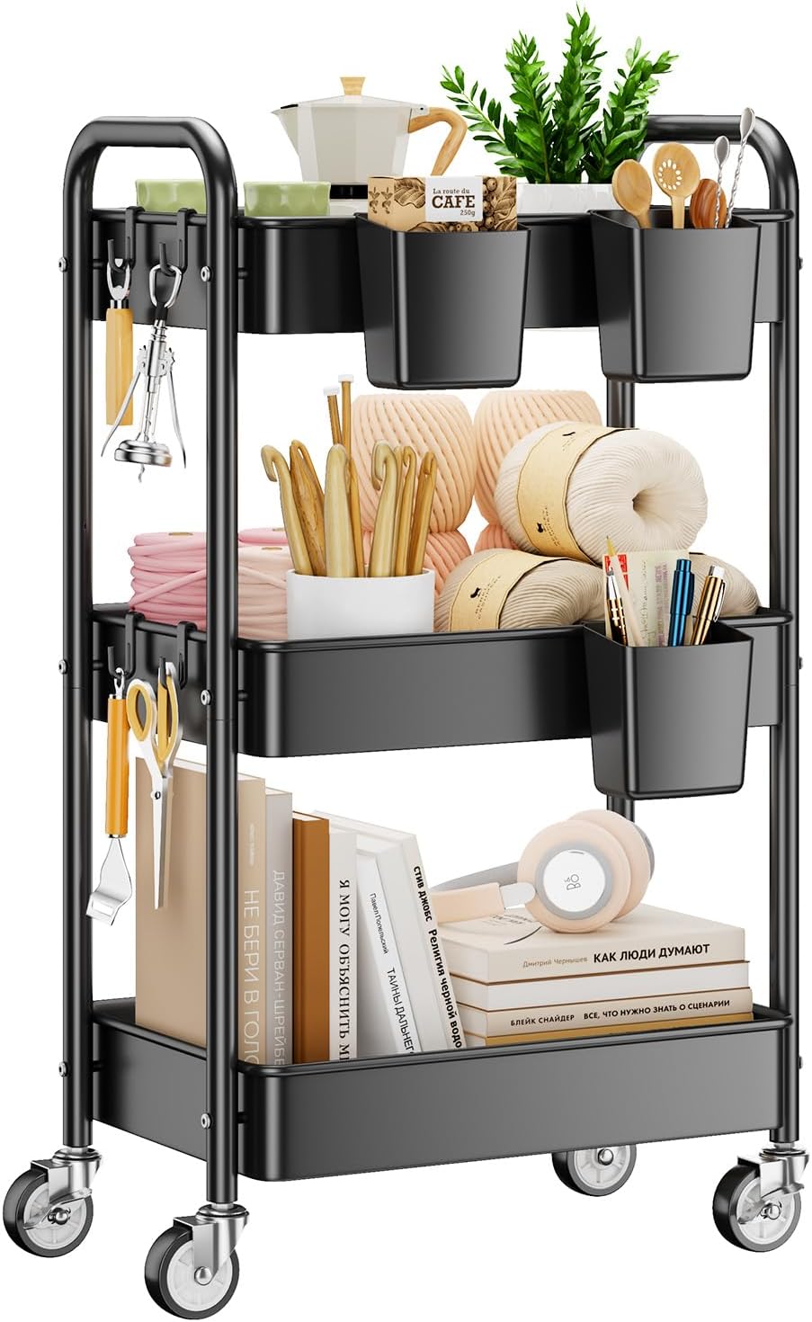 YASONIC 3-Tier Rolling Cart - Heavy-Duty Metal Utility Cart with Wheels & Hooks | Versatile Storage for Kitchen & Office
