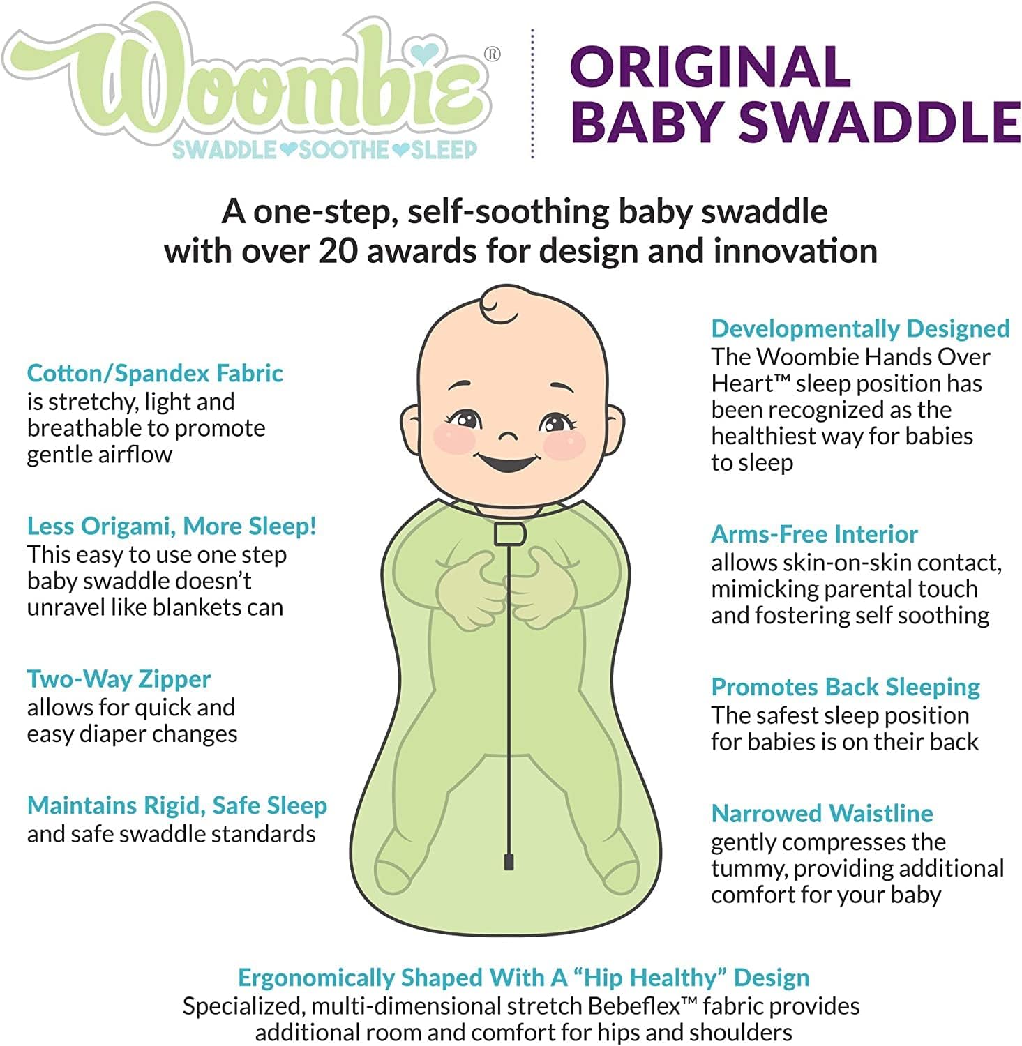 Woombie Original Baby Swaddling Blanket - Soothing Cotton Zipper Swaddle for Newborns, My Love, 14-19 lbs