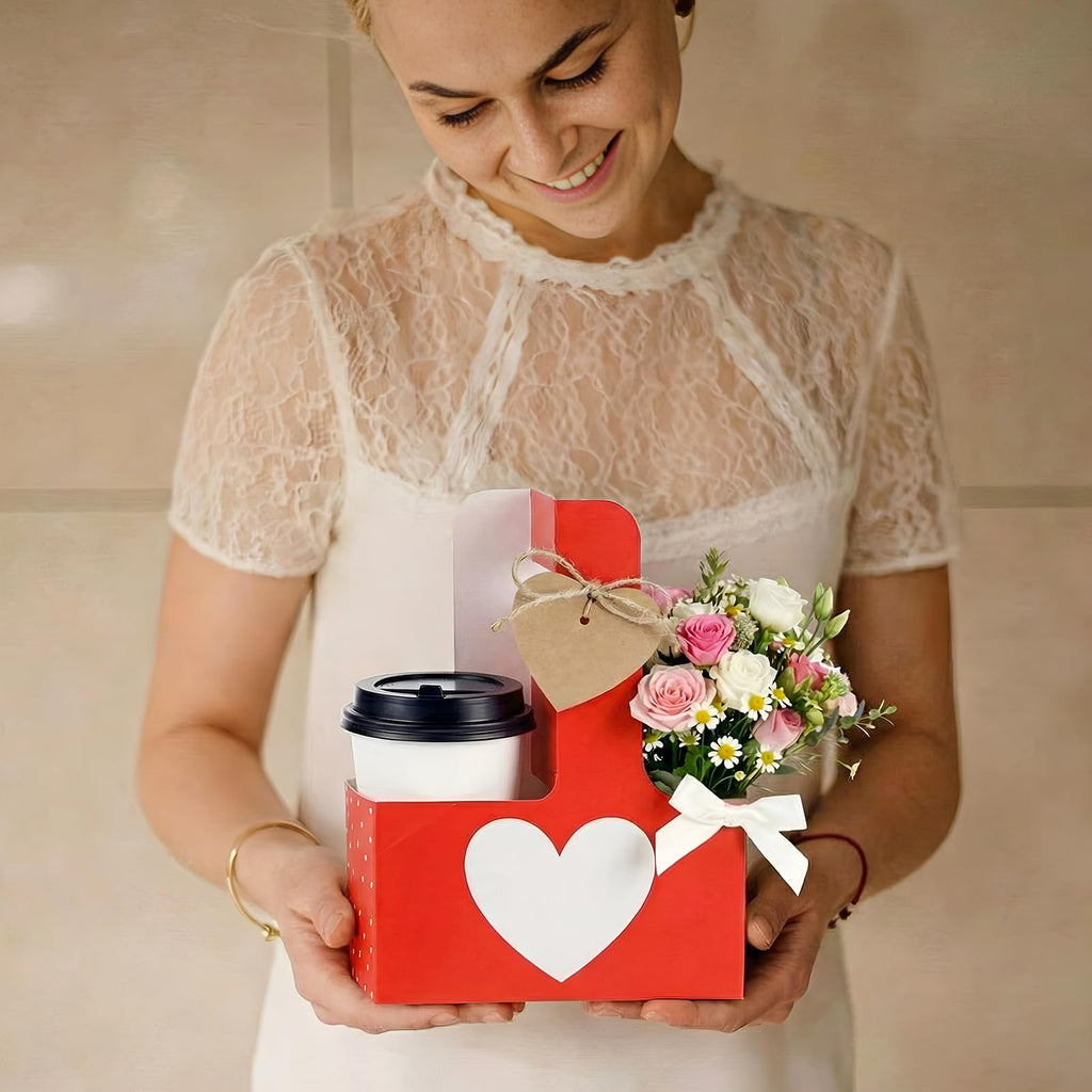 Tinlade 2 Cup Heart Disposable Drink Carrier with Handle Mother's Day Cup Holders Carrier Heart Wrap for Mother Day's Wedding Gift Drinks Coffee Food Delivery(24 Pack,Red)