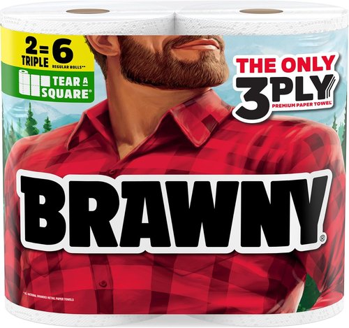 Brawny 3-Ply Paper Towels - Strong & Absorbent Tear-A-Square | 2 Triple Rolls = 6 Regular Rolls