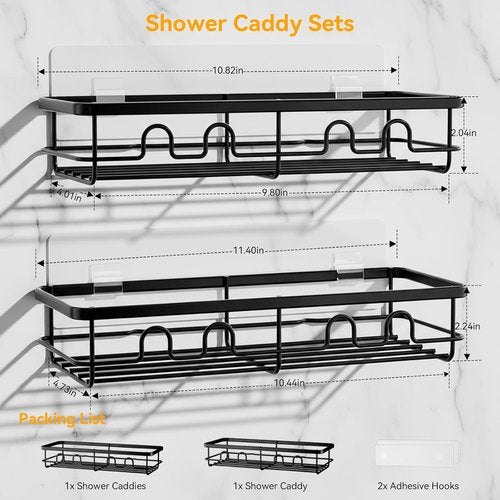 Adhesive Shower Caddy - Large Capacity Bathroom Organizer | No Drill Black Shower Shelves, 2 Pack