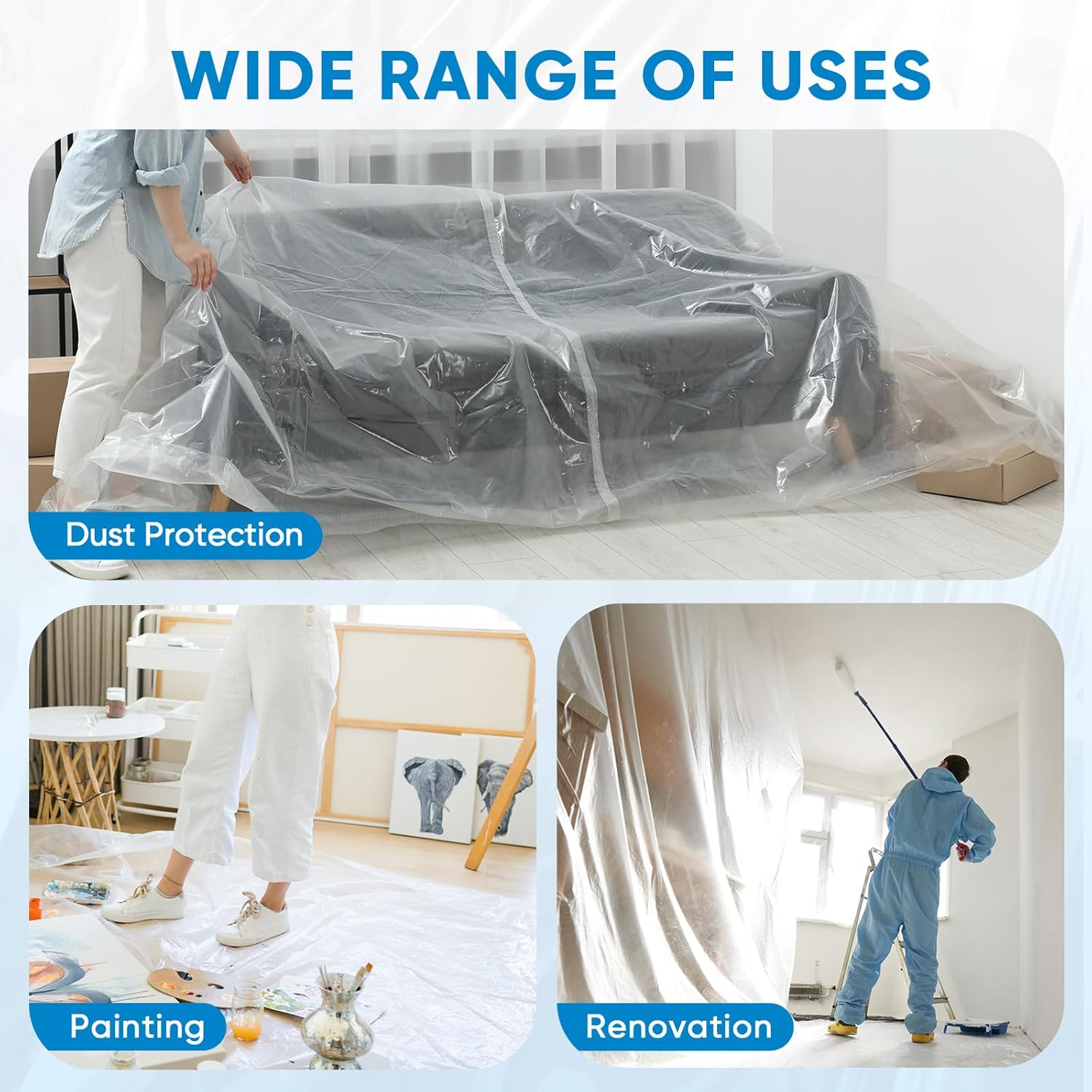 TICONN Extra Large Moving Bags - 6 Pack with Zippers & Handles + 12x9 Ft Plastic Drop Cloth