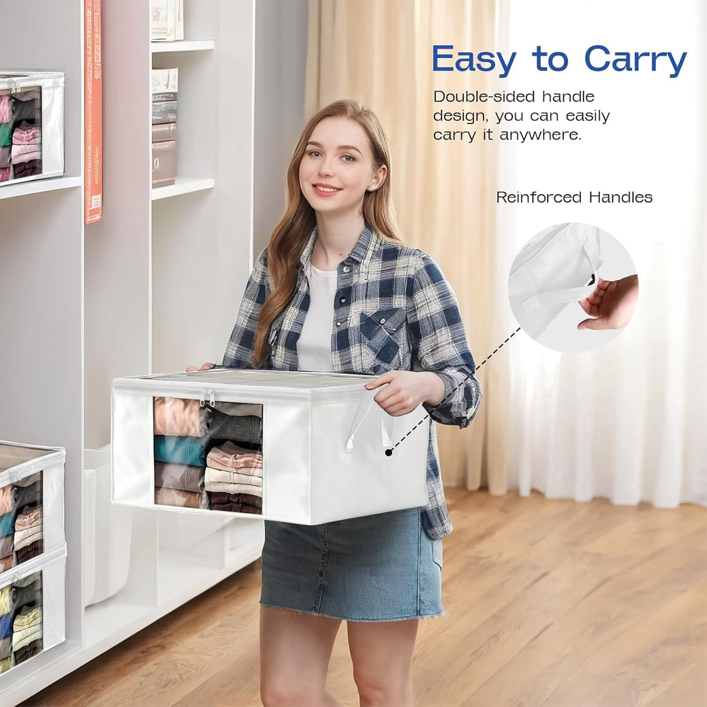 Skiennix Clothes Storage Bags - Foldable Thick Fabric with Clear Window & Carry Handles | 4-Pack, White