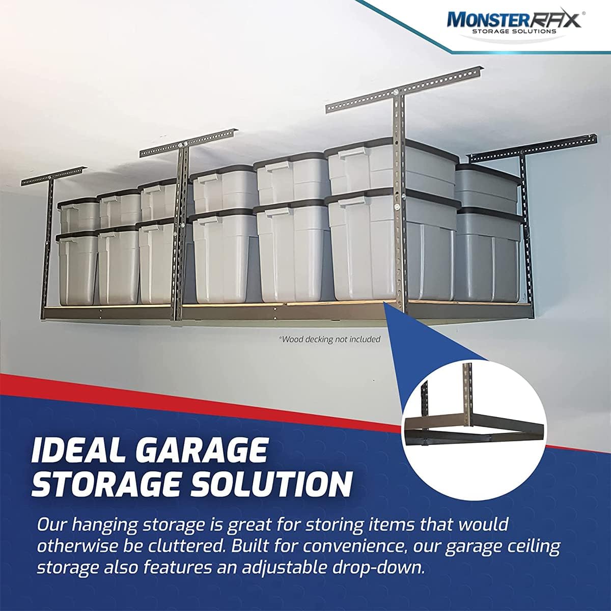MonsterRax Overhead Garage Storage Rack Frame Kit - Adjustable Ceiling Shelving System (Hammertone, 18"-33")