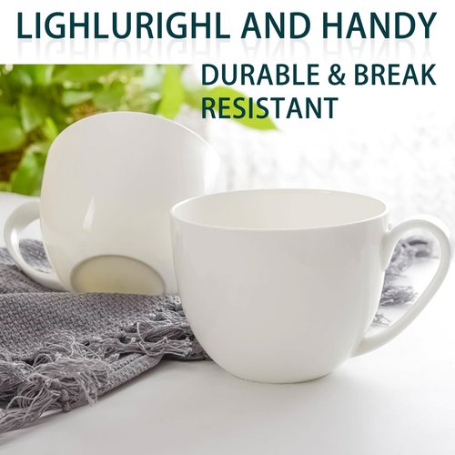 White Large Bone China Coffee Mugs Set of 6, 22 OZ Over 45% Bone China Content Oversized Porcelain Mugs for Cereal, Lightweight Soup Cups with Handles for Salad Tea, Hot Chocolate Cocoa Modern Design