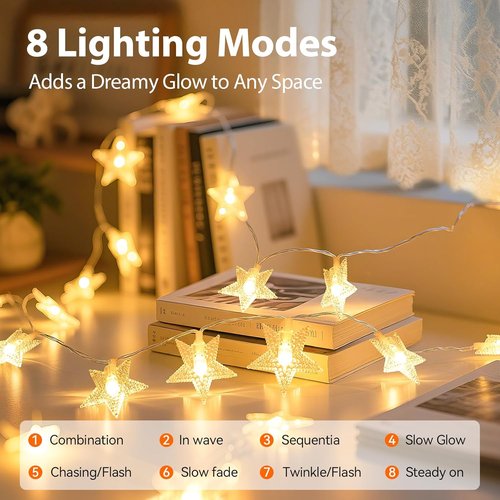 Lakumu LED Star String Lights - 33FT 100-LED Battery Operated Fairy Lights with 8 Modes & Timer | Warm White Indoor Decor