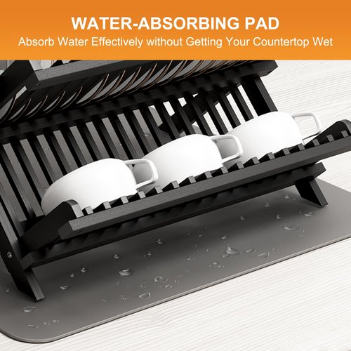Greenual Black Bamboo Dish Drying Rack with Utensil Holder, 3 Tier Collapsible Dish Rack, Wooden Dish Racks for Kitchen Counter, Large Folding Drying Holder with Absorbent Dish Drying Mat