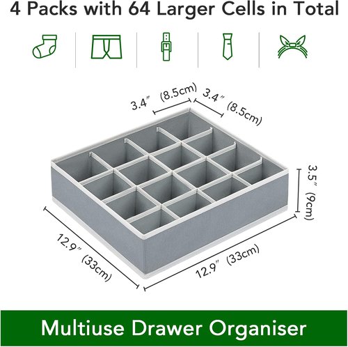 Homsorout Sock Organizers - Large Foldable Drawer Storage for Men's Socks & Underwear | 4 Pack (Grey)