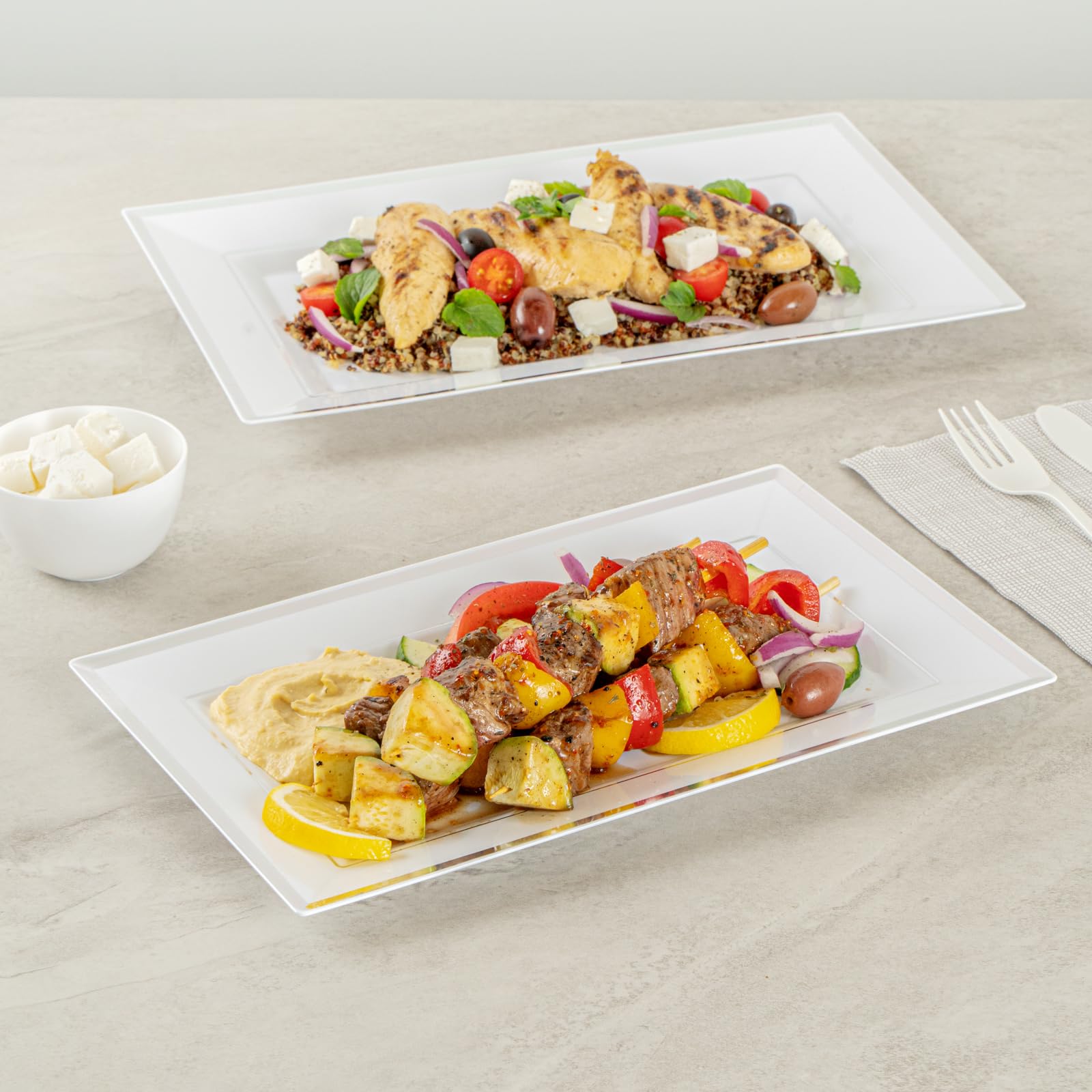 Restaurantware Moderna 11.5 x 7.3 Inch Premium Disposable Plates 100 Rectangular Plastic Plates For Parties - Silver-Rimmed Durable White Plastic Dinner Plates For Warm And Cold Foods