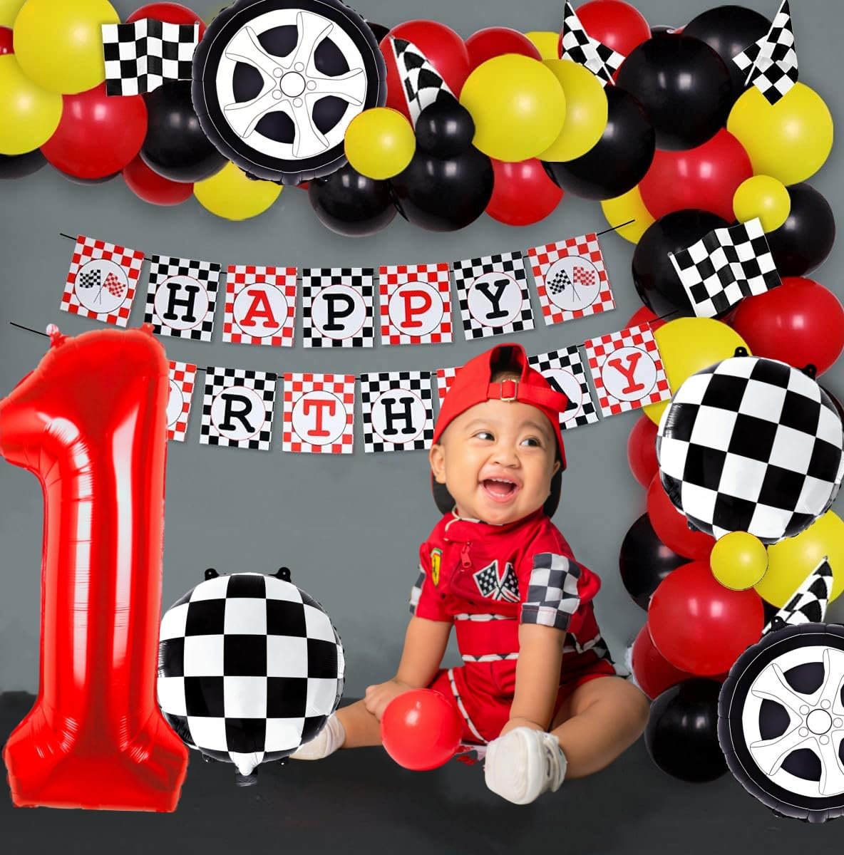 Kwuz Race Car Birthday Balloons Boys Fast One First Birthday Decorations Race Car Theme Wheels Party Decor Supplies Favors Black Red Foil Mylar Helium 1 Balloon Number 40 inch