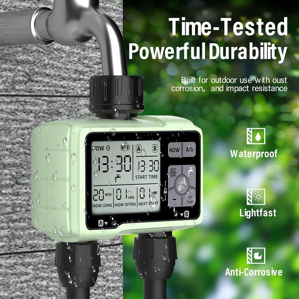 SOYUS Programmable Outdoor Garden Hose Timer - Waterproof Digital Irrigation System with 2 Outlets