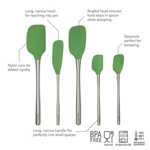 Tovolo Stainless Steel Handled Silicone Spatula Set of 5 Pesto Green, Dishwasher Safe Kitchen Spatula Set for Cooking Baking, Non Toxic BPA Free Silicone Spatula set with Metal Steel Handle
