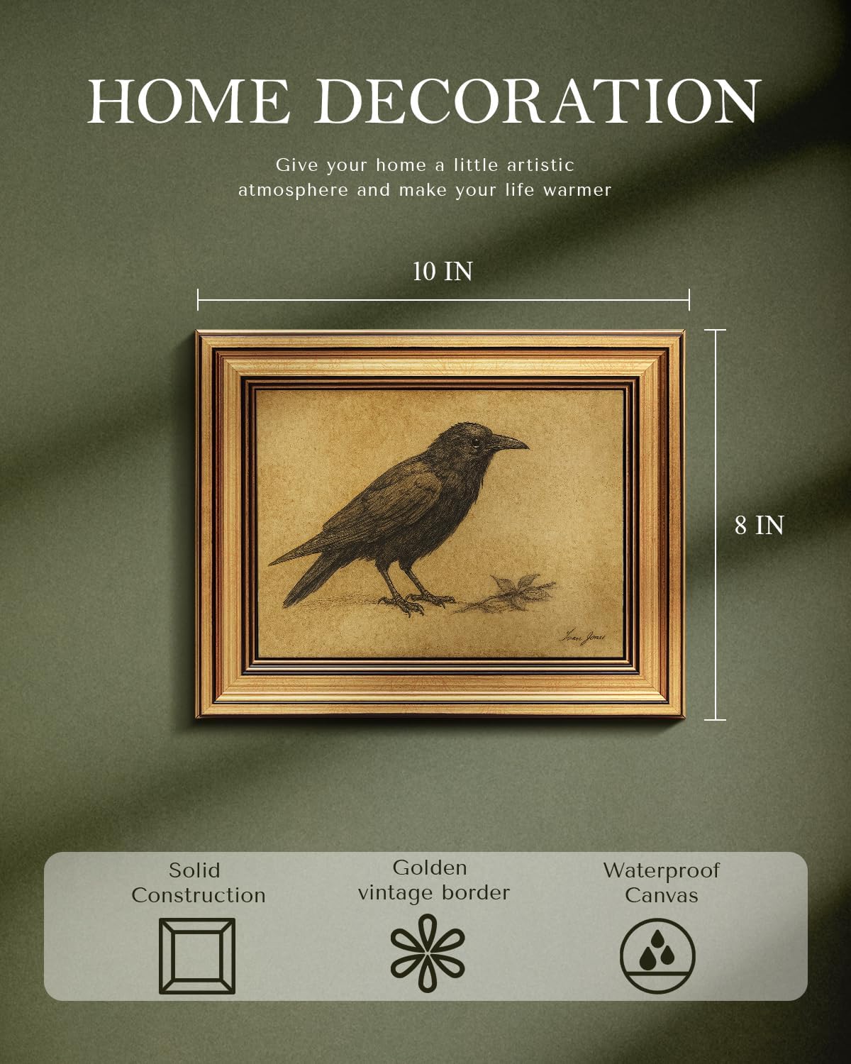 WHASAYART Gold Framed Crow Wall Art - Vintage Animal Canvas Prints for Living Room & Kitchen | 10L x 8W