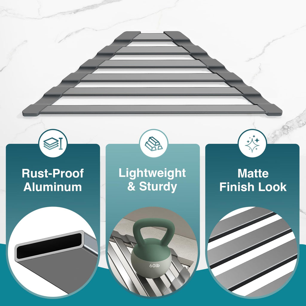 COOL-ANGLE Corner Sink Drying Rack, 16"x9.5" Rust-Proof Aluminum Triangular Dish Drainer, Heat Resistant Roll Up Mat for Kitchen Counter, Sponge Holder & Organizer with Non-Slip Silicone Base, Gray