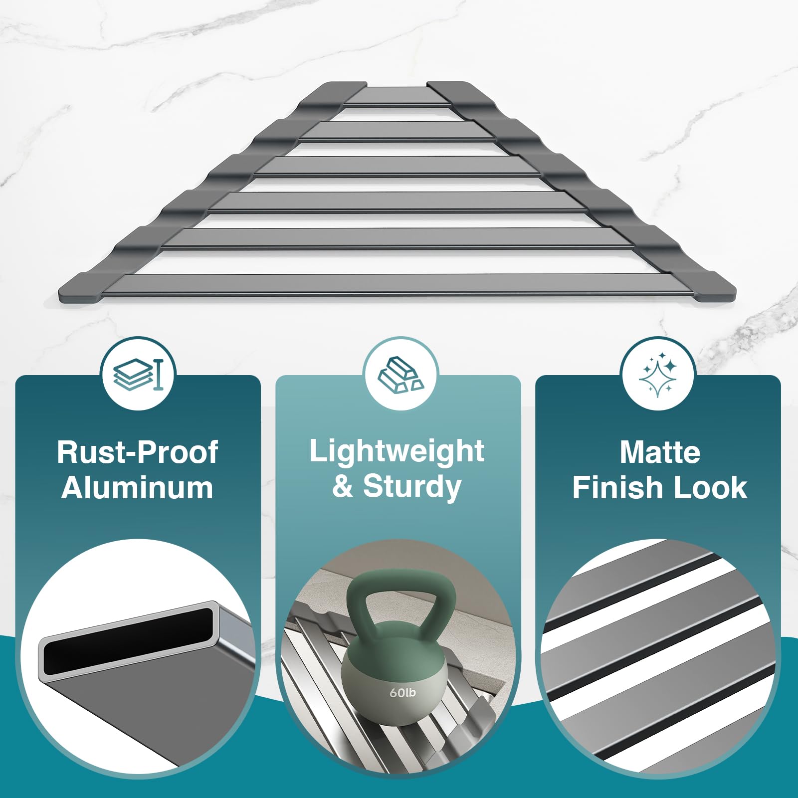 COOL-ANGLE Corner Sink Drying Rack, 16"x9.5" Rust-Proof Aluminum Triangular Dish Drainer, Heat Resistant Roll Up Mat for Kitchen Counter, Sponge Holder & Organizer with Non-Slip Silicone Base, Gray