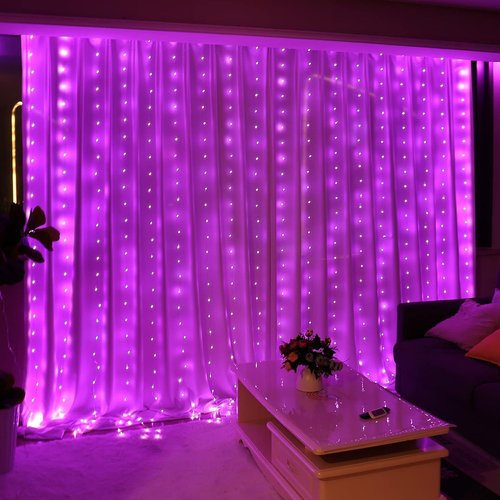 HXWEIYE 300LED Fairy Curtain Lights - 9.8x9.8Ft USB Plug-In with Remote | 8 Modes for Bedroom & Wedding Decor, Pink