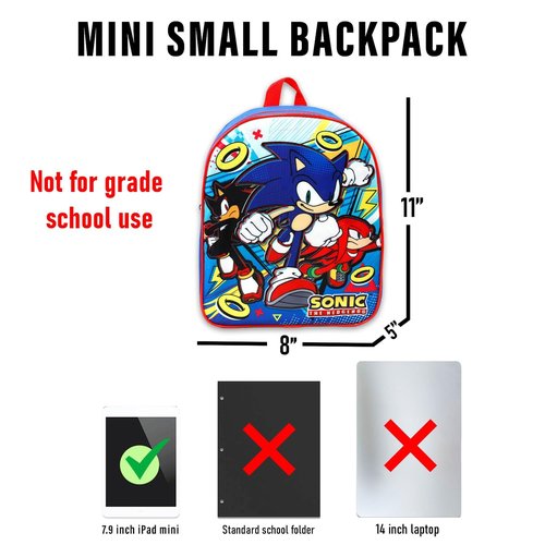Sonic Mini Backpack for Kids - Bundle with 11” Video Game Mini Backpack Plus Stickers, Water Bottle, More | Sonic Preschool Bag for Boys, Girls, Kids