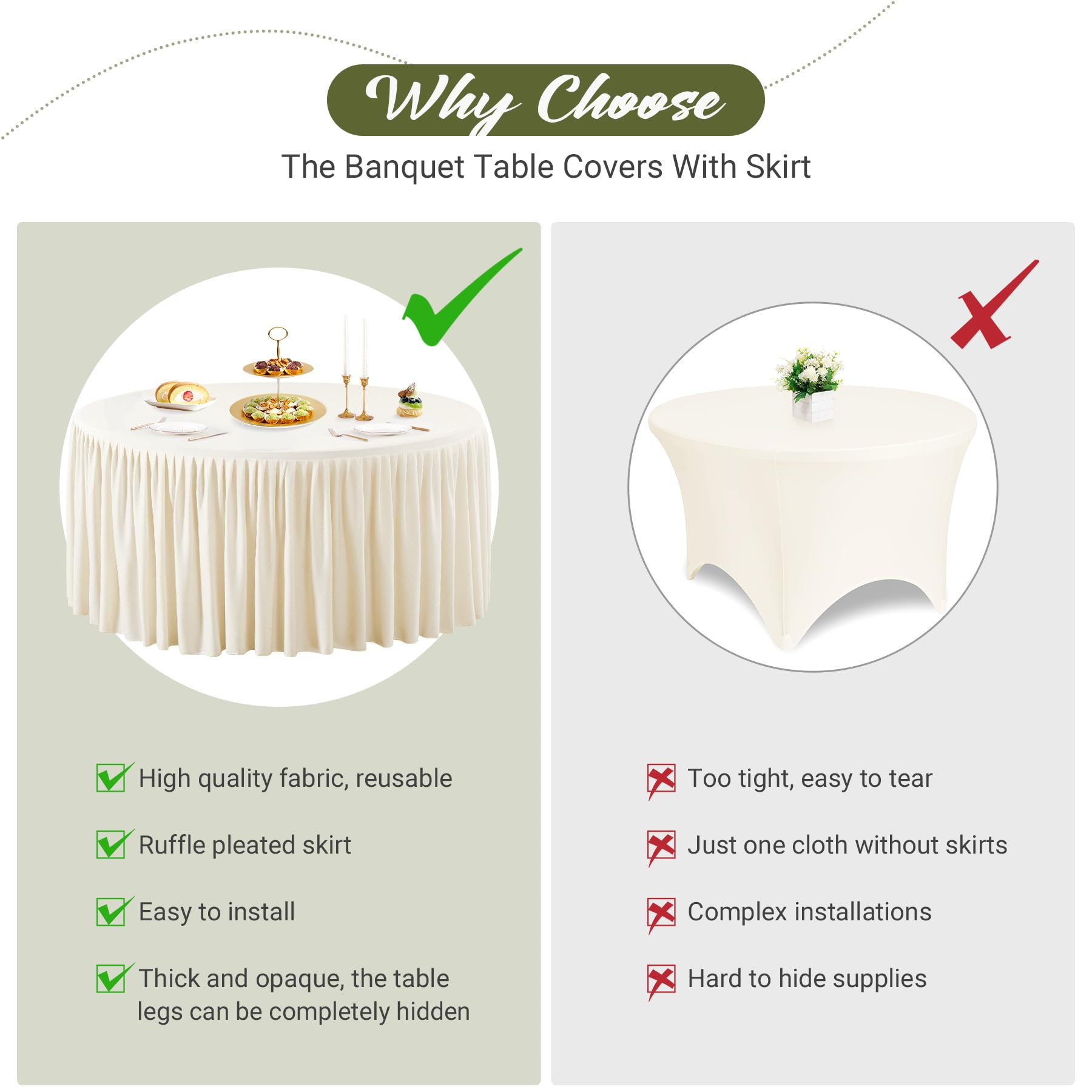 Wish Care 2 Packs 6FT Round Tablecloth 72Inch, Ivory Stretchy Fitted Table Cloths, Wrinkle Resistant Polyester Table Cover with Pleated Ruffle Skirt for Party, Wedding and Banquet Decoration