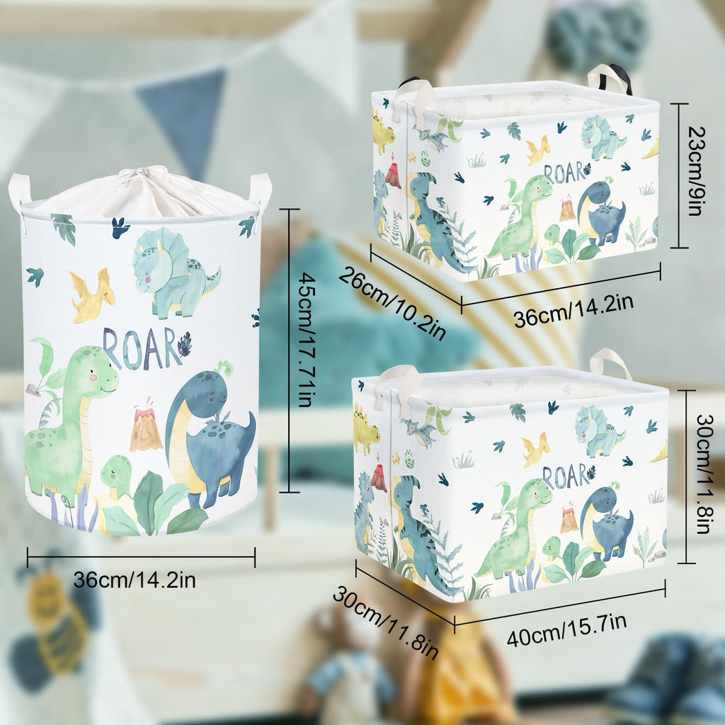 Clastyle Adorable Watercolors Green Dinosaur Shelf Basket Volcano Palm Leaf Collapsible Storage Bin Rectangle Clothes Books Toy Storage Cube, 21L