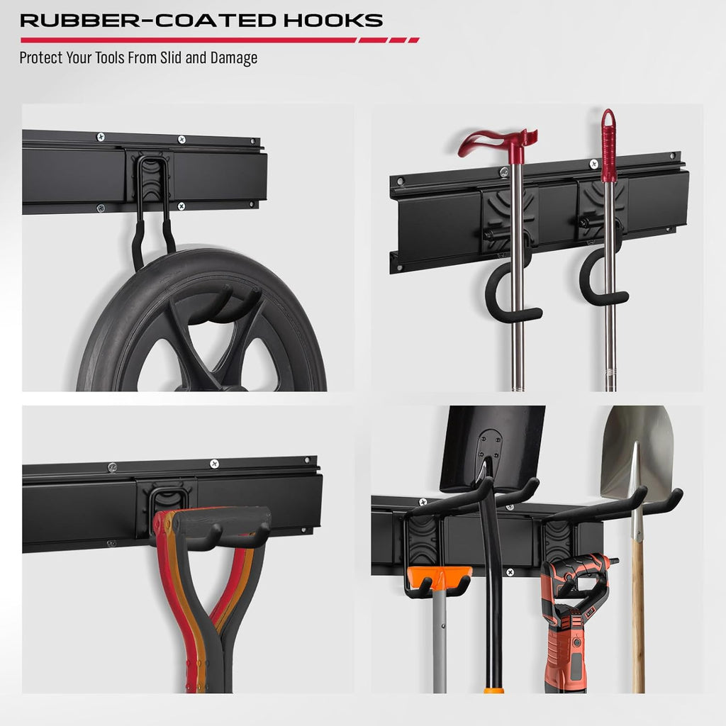 SEDY Heavy Duty Garage Storage Tool Organizer - Wall Mount Rack with Adjustable Hooks, 300lbs Capacity | Easy Installation (10 Hooks, 4 Rails, 3 Straps)