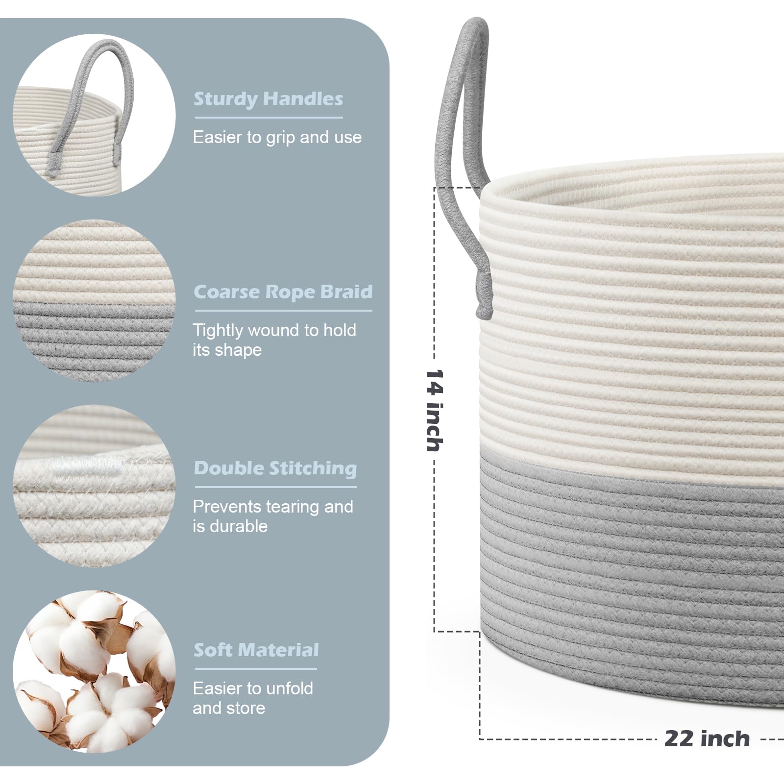 noonkty Blanket Basket Living Room - Toy Storage Basket, 21.7" X 21.7" X 13.8" XXL Cotton Rope Woven Laundry Baskets with Handles, Large Baskets for Storage Nursery Hamper