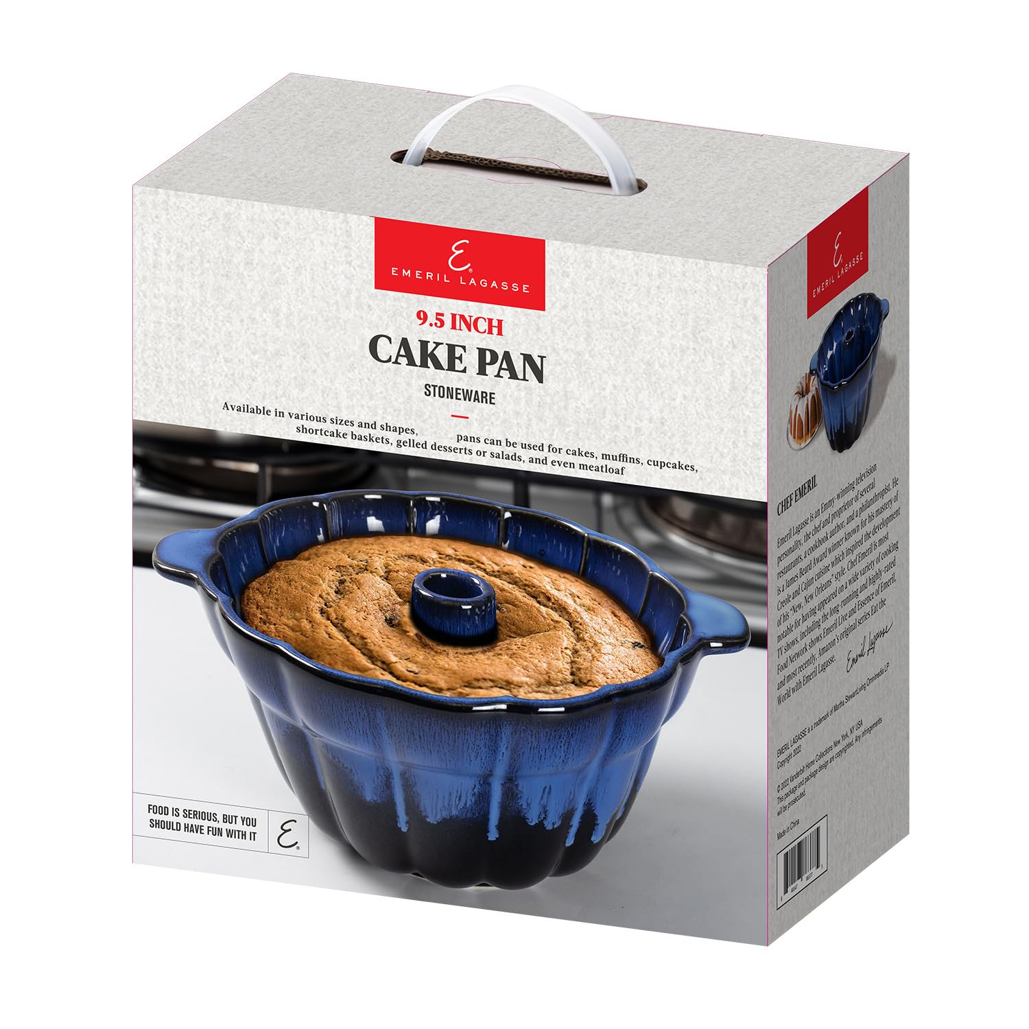 Emeril Lagasse Fluted Cake Pan Stoneware 9.5 in – Pound Cake Baking Pan, Perfect for Baking Delicious Cakes! (Dark Blue)