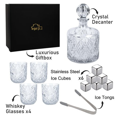 Crystal Whiskey Decanter Set for Men, Premium 37 Oz Decanter with 4 Whiskey Glasses, Whiskey Stones, Tongs - Classic Liquor Decanter for Scotch, Bourbon, Vodka, and More - Perfect for Home Bar