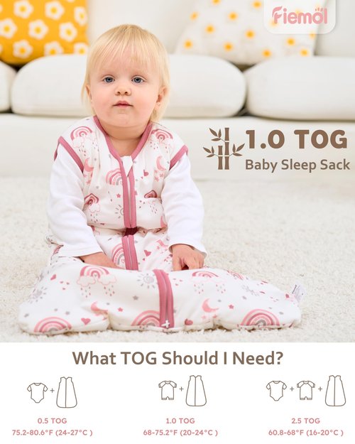 FIEMOL Rayon Made from Bamboo Baby Sleep Sack 6-12 Months, 1.0 Tog Baby Wearable Blanket, Soft Sleeping Bag for Newborn Infant Babies with 2-Way Zipper 2 Pack (Medium) Pink Rainbow