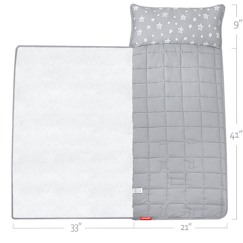 Moonsea Toddler Nap Mat with Pillow and Fleece Minky Blanket Grey, Lightweight and Soft Perfect for Toddlers Preschool, Daycare, Travel Sleeping Bag for Girls, 21" x 50" Fit on a Standard Cot