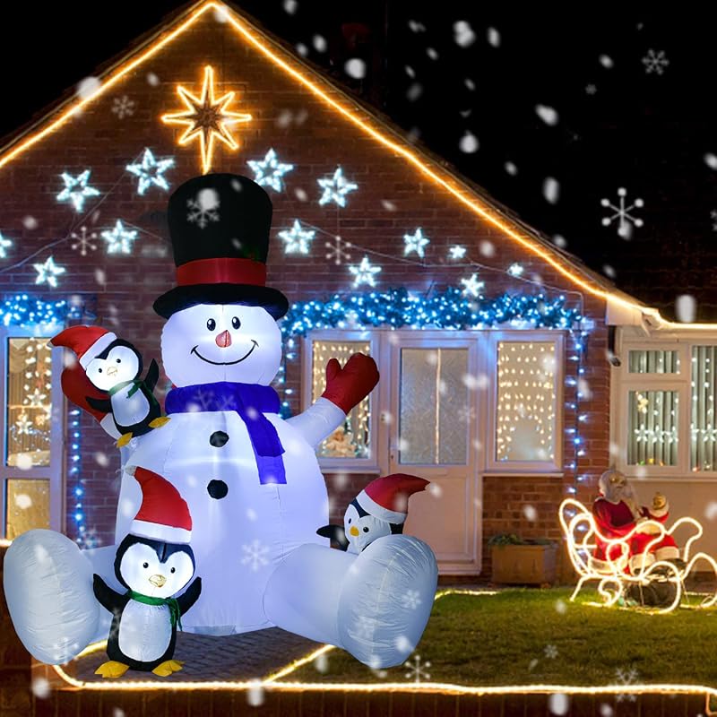 7 ft Lighted Christmas Inflatable Snowman with Three Penguins - Outdoor Holiday Yard Decor