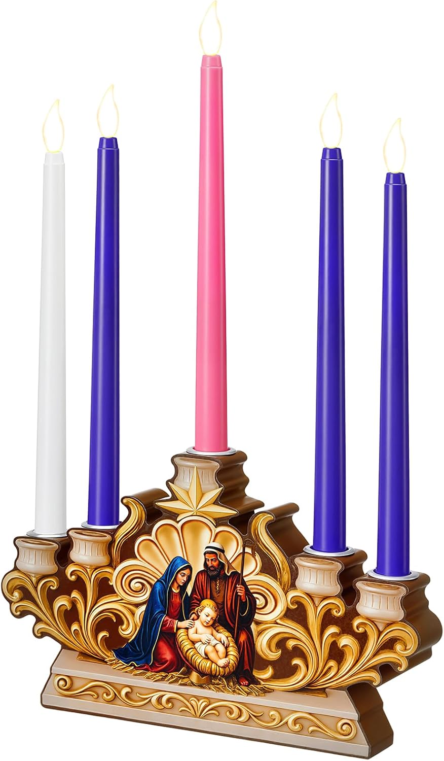 Qinyoung Advent Candle Holder - 5 Pcs Flameless Candles with Nativity Scene | Religious Home Decor