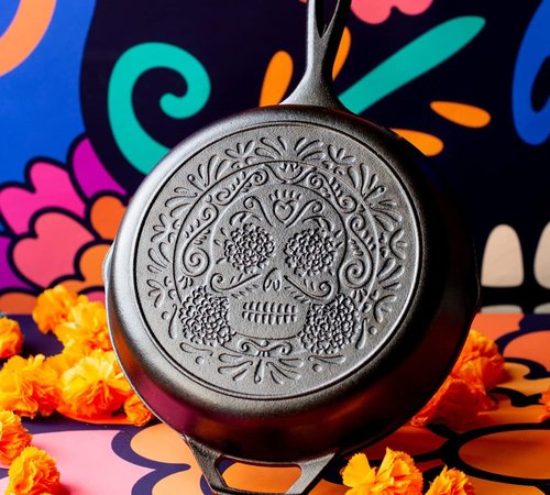 Lodge 10.25 Inch Pre-Seasoned Cast Iron Skillet - Versatile Sugar Skull Design - Ideal for Oven, Stove, Grill, or Campfire