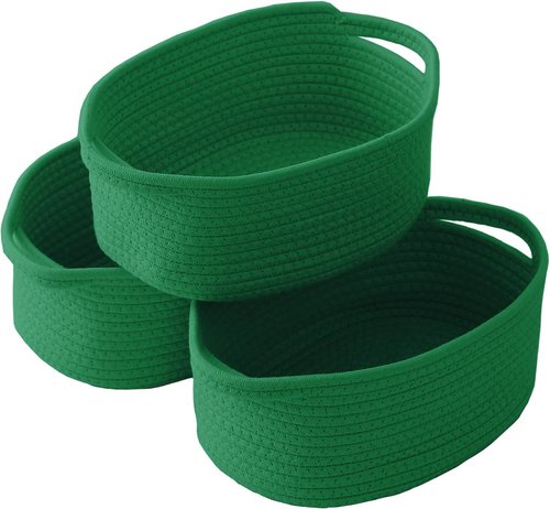 JMvicyroam Woven Basket - Small Rope Storage Bin with Handles & Ribbon Bag | Green, 3-Pack for Organizing Shelves & Closets