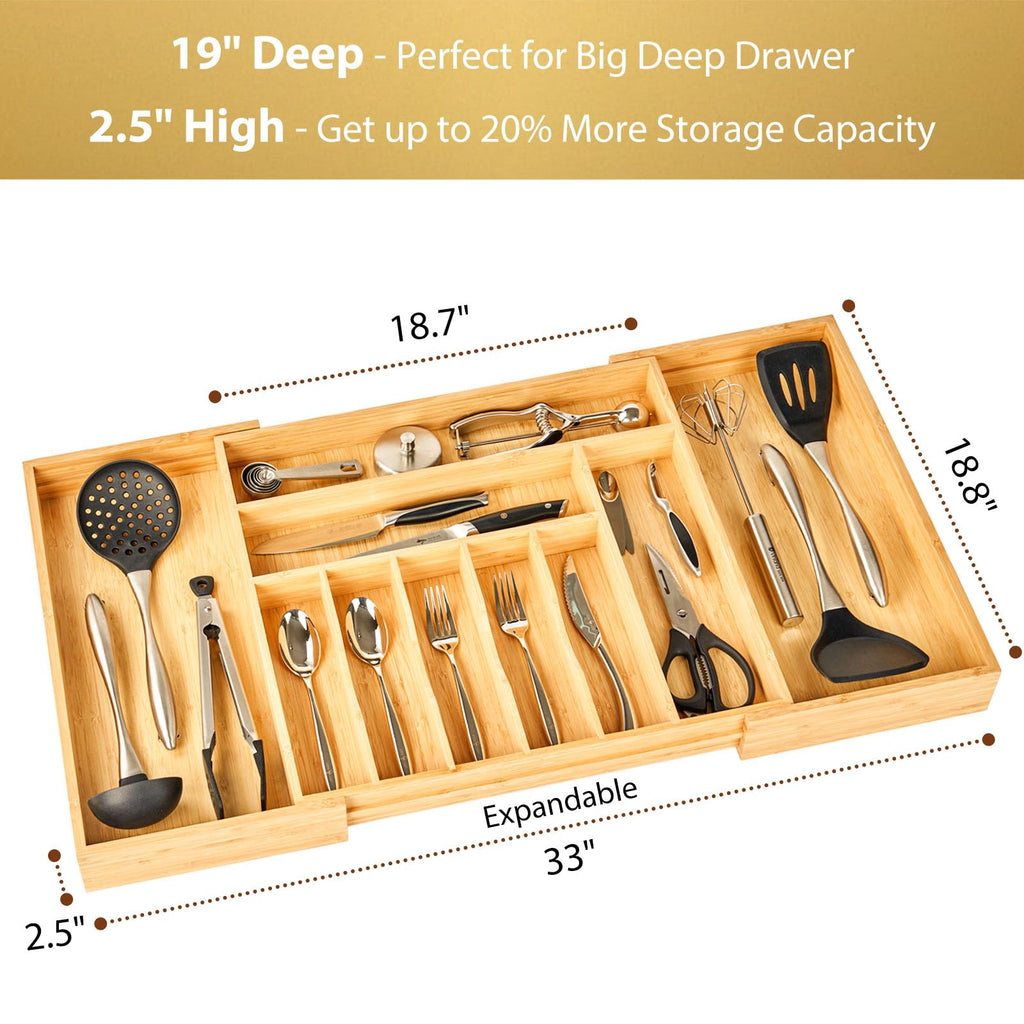 Umilife Extra Large Expandable Kitchen Siverware Utensils Drawer Organizer, 19" Deep for Big Drawer, Adjustable Bamboo Wood Drawer Divider with Curved Grooves, Cutlery Tray Flatware Holder